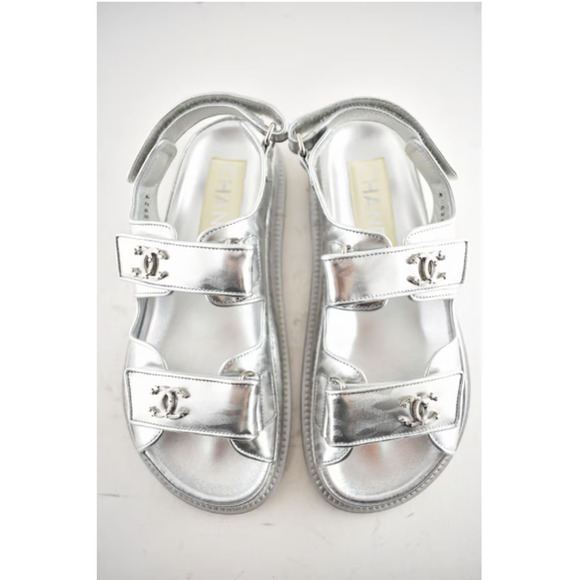 Chanel 22C Silver Laminated Star CC Logo Mule Slide Strap Flat Dad Sandal 35.5 - Picture 9 of 12